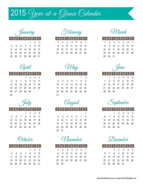 30 Days Of Free Printables 2015 Year At A Glance Calendar