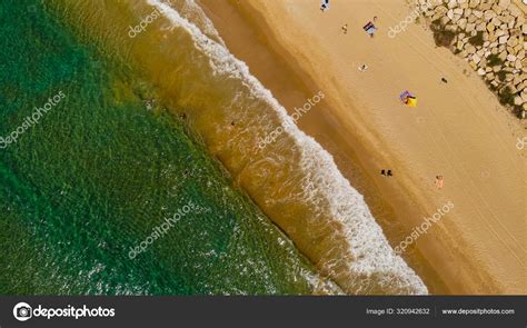 Amazing Aerial View Sandy Beach Azure Sea Waves Stock Photo By