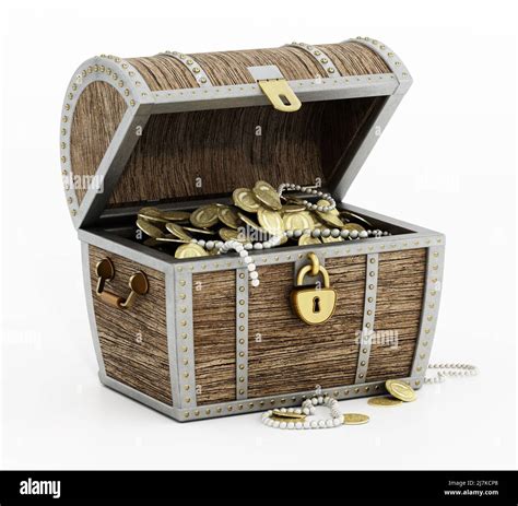 Treasure Chest Full Of Antique Gold Coins And Jewels Isolated On White
