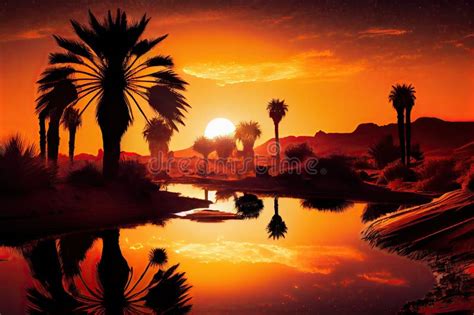 Mesmerizing Sunset Over Desert Oasis With Silhouettes Of Palm Trees