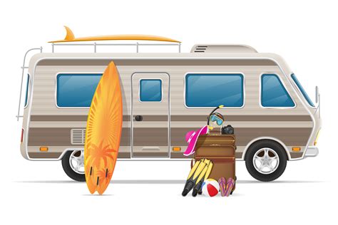 Car Van Caravan Camper Mobile Home With Beach Accessories Vector