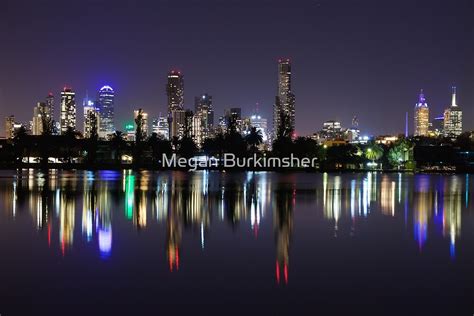 Melbourne City Skyline Reflection At Night By Megan Burkimsher