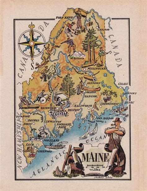 Map Of Maine From 1946 By French Artist Jacques Liozu Printable Map