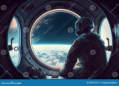Astronaut Looking Out From The Spaceship Window In The Space With