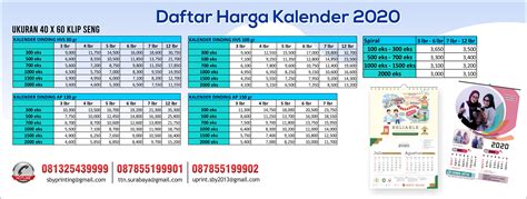 Price List Harga Kalender Dinding 2020 • Digital Printing Surabaya