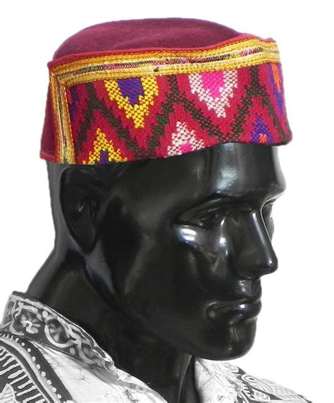 Gents Himachali Dark Maroon Woolen Cap With Colorful Kullu Weaved