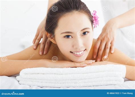 Man Getting Massage In Spa Female Therapist Stock Image