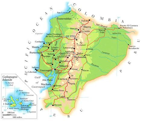 Подробная физическая карта Эквадора с дорогами Эквадор детальная