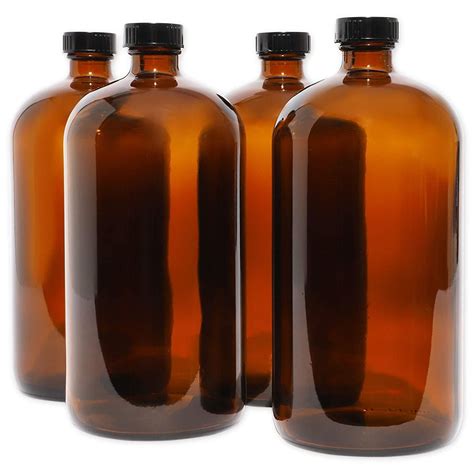 Juvale 32 Oz Amber Glass Bottles With Black Caps Perfect For Storing Essential Oils And Liquid