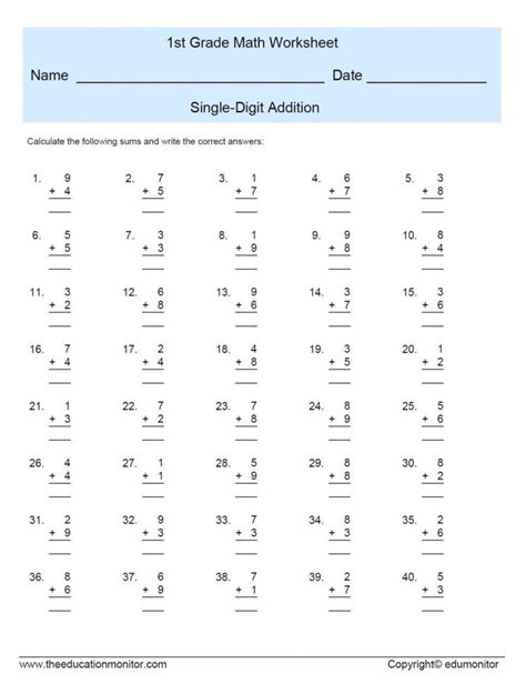 Free Printable Math Addition Worksheets For First Grade Benderos Printable Math
