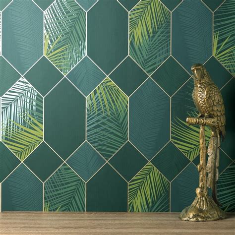 Fine Decor Miami Tropical Geo Emerald Gold Wallpaper Fd42836 Palm