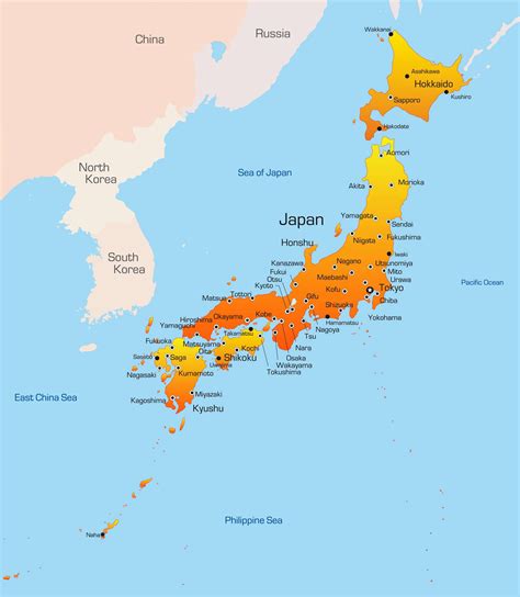 It includes country boundaries, major cities, major mountains in shaded relief, ocean depth in blue color gradient, along with many other features. Map of Japan - Guide of the World
