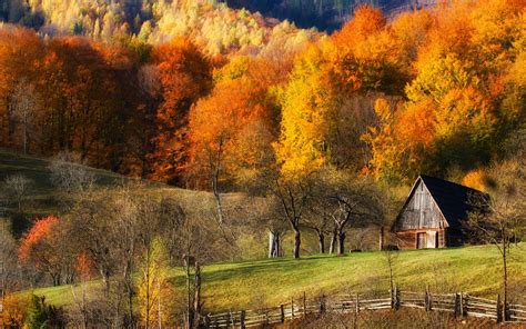 Fall Barns Nature Forest Grass Hill Landscape Trees Colorful Fence Wallpapers Hd