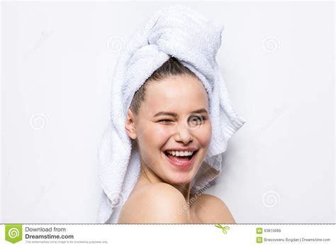 Beautiful Young Woman With Bath Towel On Head Stock Image Image Of Face Isolated 63815689