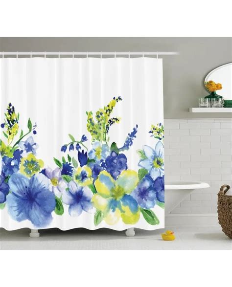 Floral Shower Curtain Watercolor Blue Flowers Print For Bathroom