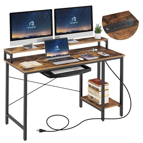 Rolanstar Computer Desk With Power Outlet And Monitor Stand Shelf 55