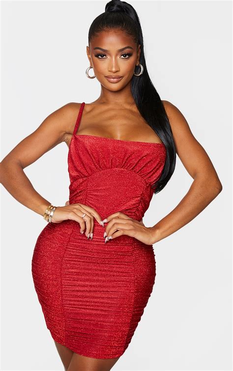 Shape Red Glitter Extreme Ruched Bodycon Dress Prettylittlething Il