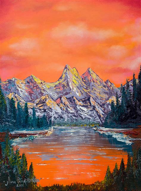 Mountains Landscape At Sunset Original Oil Art Painting Etsy Uk