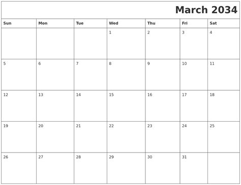 March 2034 Printable Calender
