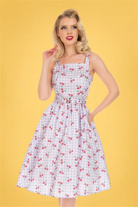 50s Matilda Cherry Swing Dress In Ivory And Blue