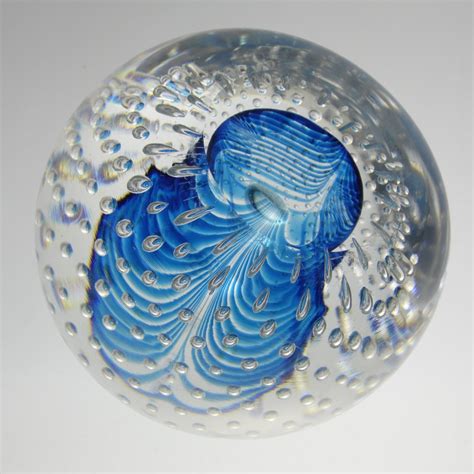 Vintage Blue Glass Paperweight With Controlled Bubbles