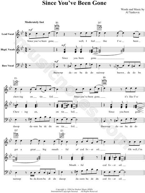 weird al yankovic since you ve been gone sheet music in bb major transposable download