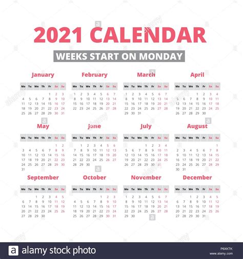 Grid with large empty cells Simple 2021 year calendar, week starts on Monday Stock ...