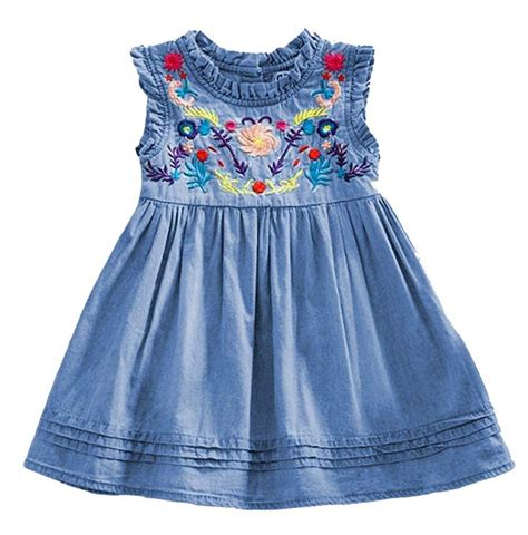Baby Girls Summer Floral Embroidered Denim Dress Girls Sleeveless