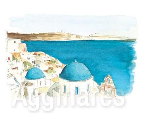 Santorini Oia 4 Greece Art Print From An Original Watercolor Painting