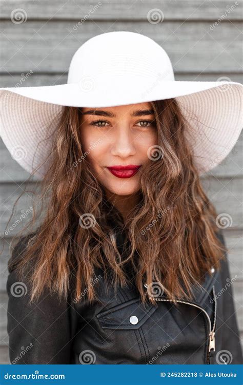 Fresh Portrait Fashion Beautiful Young Girl With Red Lipstick In