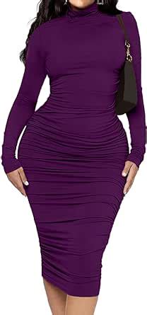 Amazon Com Ekaliy Women S Ruched Turtleneck Bodycon Midi Dress Sexy