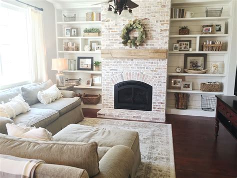 Built Ins Shiplap White Washed Brick Fireplace Farm House Living