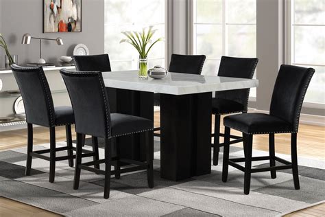 7 Piece Counter Height Faux Marble Dining Set With 6 Black Velvet