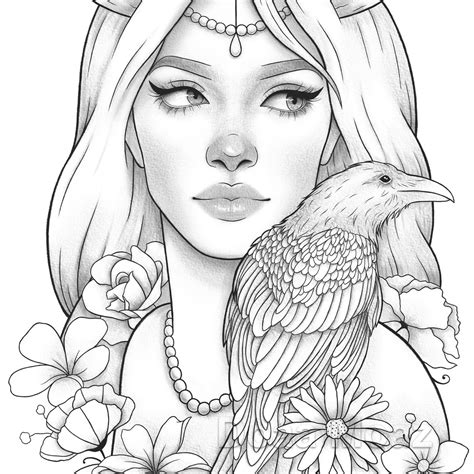 Adult Coloring Page Fantasy Girl Bird Portrait Etsy