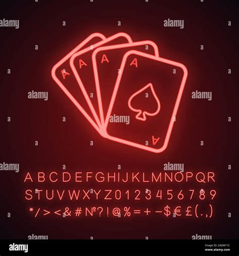 Four Aces Neon Light Icon Playing Cards Glowing Sign With Alphabet