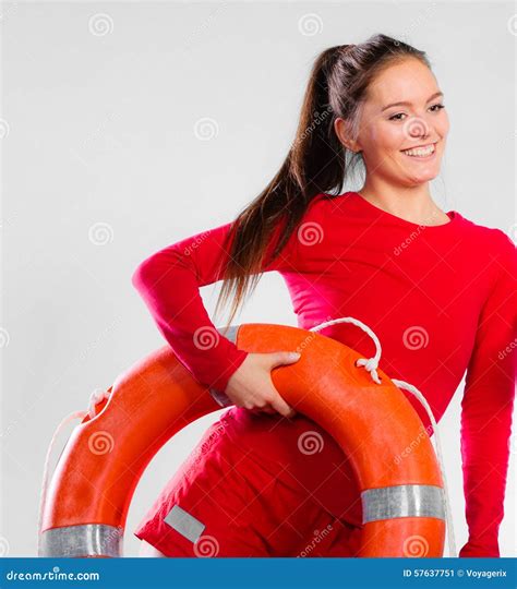 Girl Lifeguard With Rescue Equipment Stock Image Image Of Security Lifebuoy 57637751