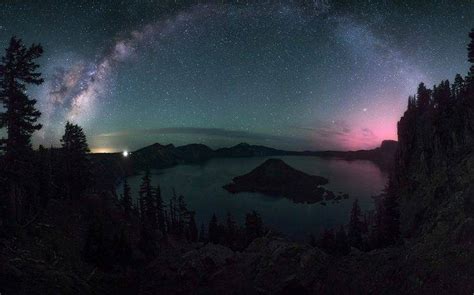 Nature Landscape Starry Night Milky Way Crater Lake Trees Lights