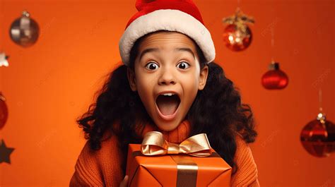 فتاة ترتدي قبعة سانتا كلوز مع هدية عيد الميلاد متفاجئة على خلفية برتقالية امراة سعيدة فتاة