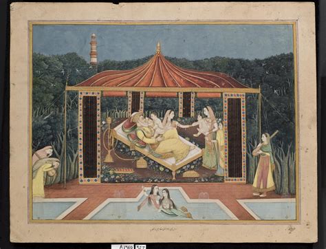 akbar shah ii in a tent reclining on a couch surrounded by ladies of his harem and two small