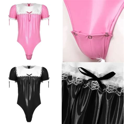 mens sissy french maid cosplay costume patent leather lingerie bodysuit romper 17 10 picclick