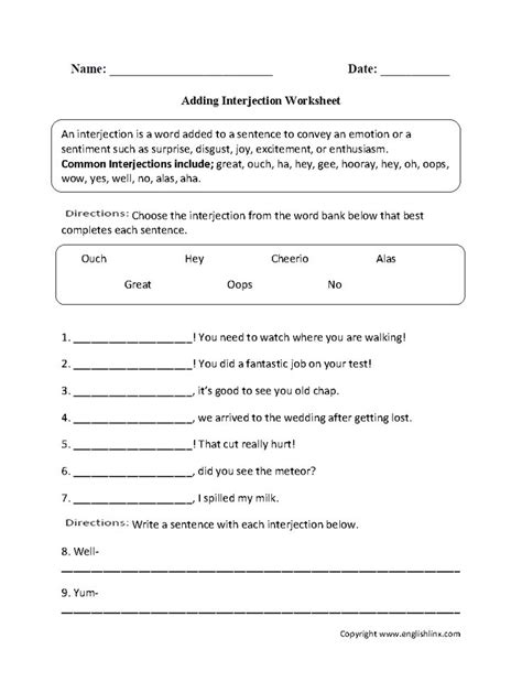 Parts Speech Worksheets Interjection Worksheets Interjections