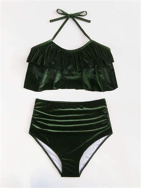 Green Layered Ruffle Halter Top With Side Ruched Velvet Bikini Velvet