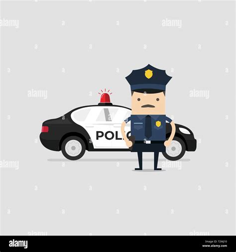 Policeman Officer In Uniform With Police Car Funny Cop Cartoon