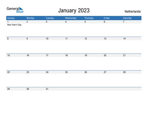 January 2023 Calendar With Netherlands Holidays