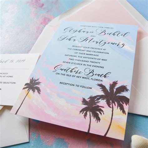 Wedding invitations, wedding postage stamps, wedding save the dates beach and sea shells wedding invitation collection includes wedding invitations and coordinating rsvp cards, enclosure. Tropical Sunset Wedding Invitations - Mospens Studio ...