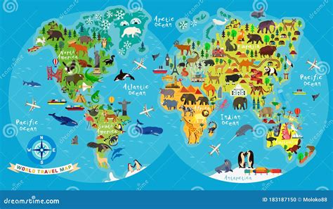 Animal Map Of The World For Children And Kids Stock Vector