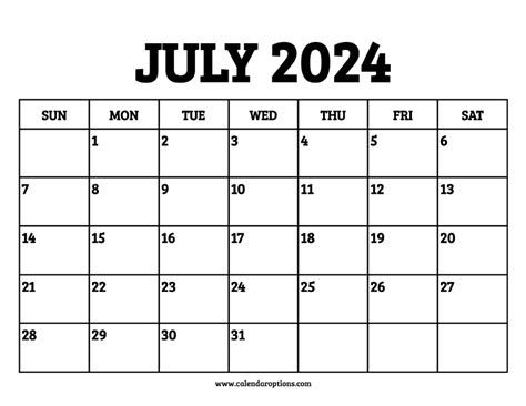 July 2024 Calendar Printable Calendar Options