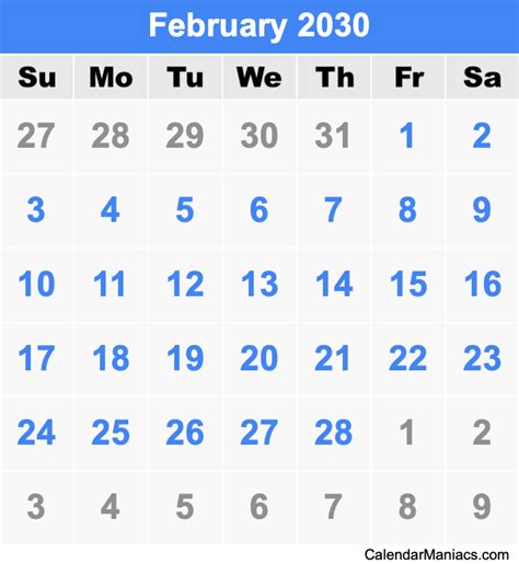 February 2030 Calendar
