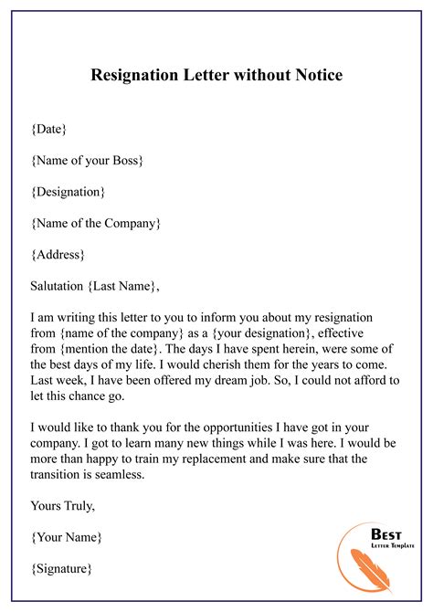Letter Of Resignation Without Notice For Your Needs Letter Template