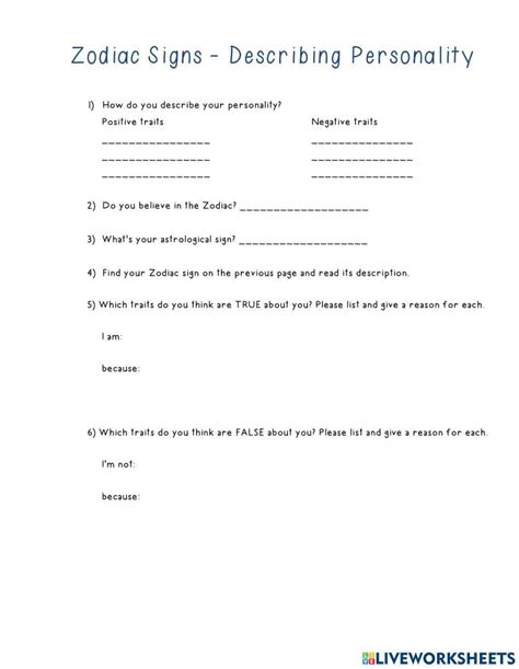 Zodiac Signs And Personality Worksheet Live Worksheets